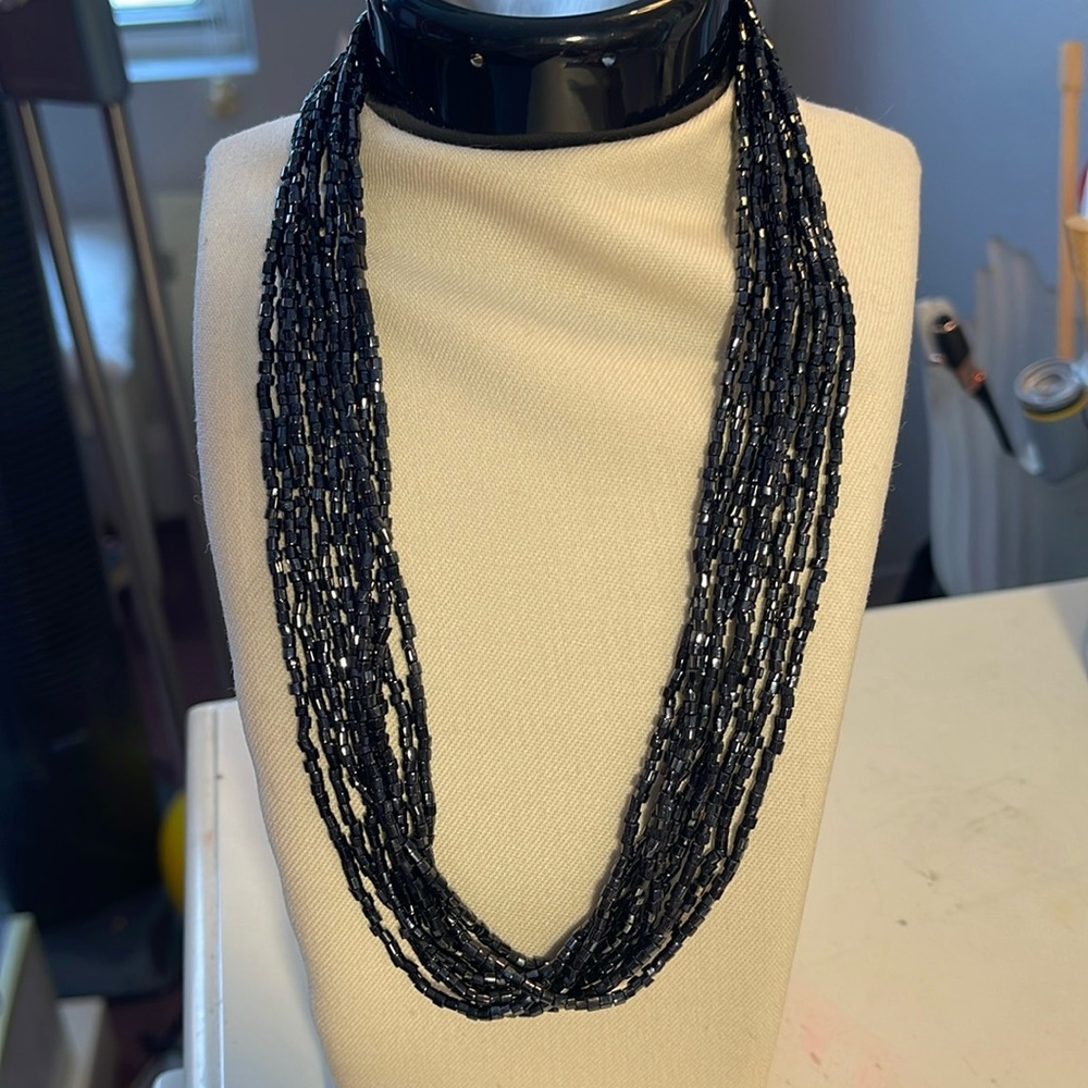 Black oil-slick multi-strand glass bugle bead necklace - 17”